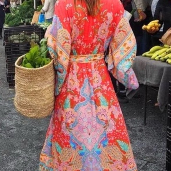 New Boho Floral Kimono Red Maxi Lotus Dress - Picture 4 of 5